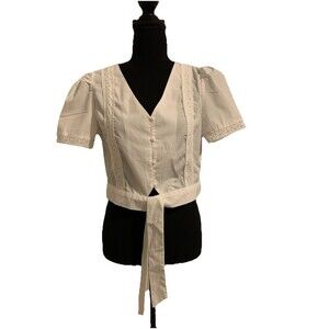 Gomorn Womens Top Size Small S White Button Front Tie Waist